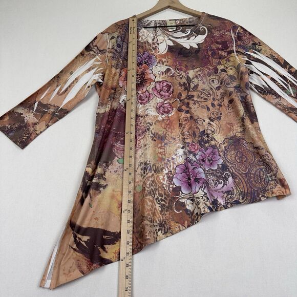 Jess & Jane Top Womens XL Beige Floral Colorful Artsy Boho Asymmetric Comfy USA - Picture 15 of 15